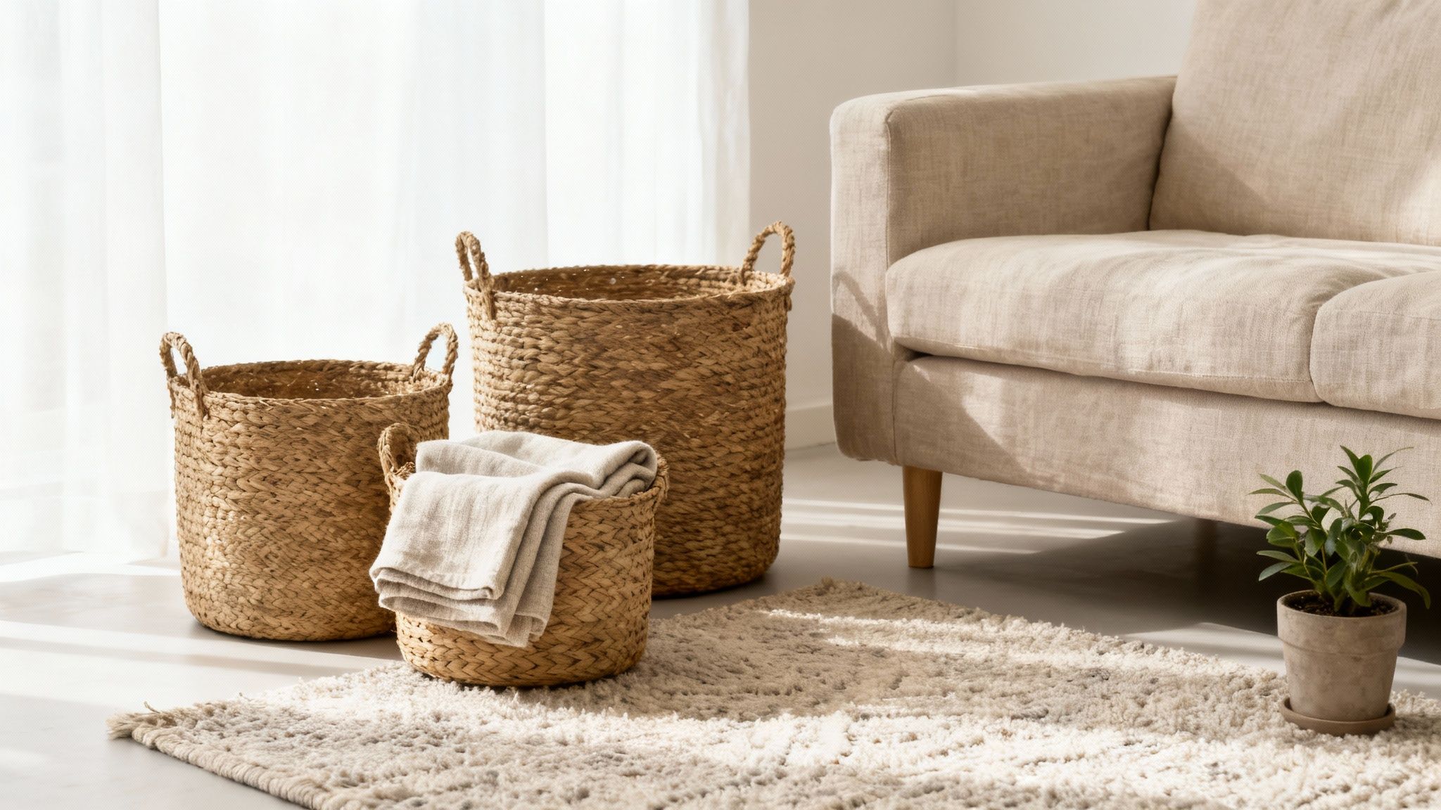 Three natural woven baskets, one holding folded linen towels, beside a beige sofa and a fluffy rug.