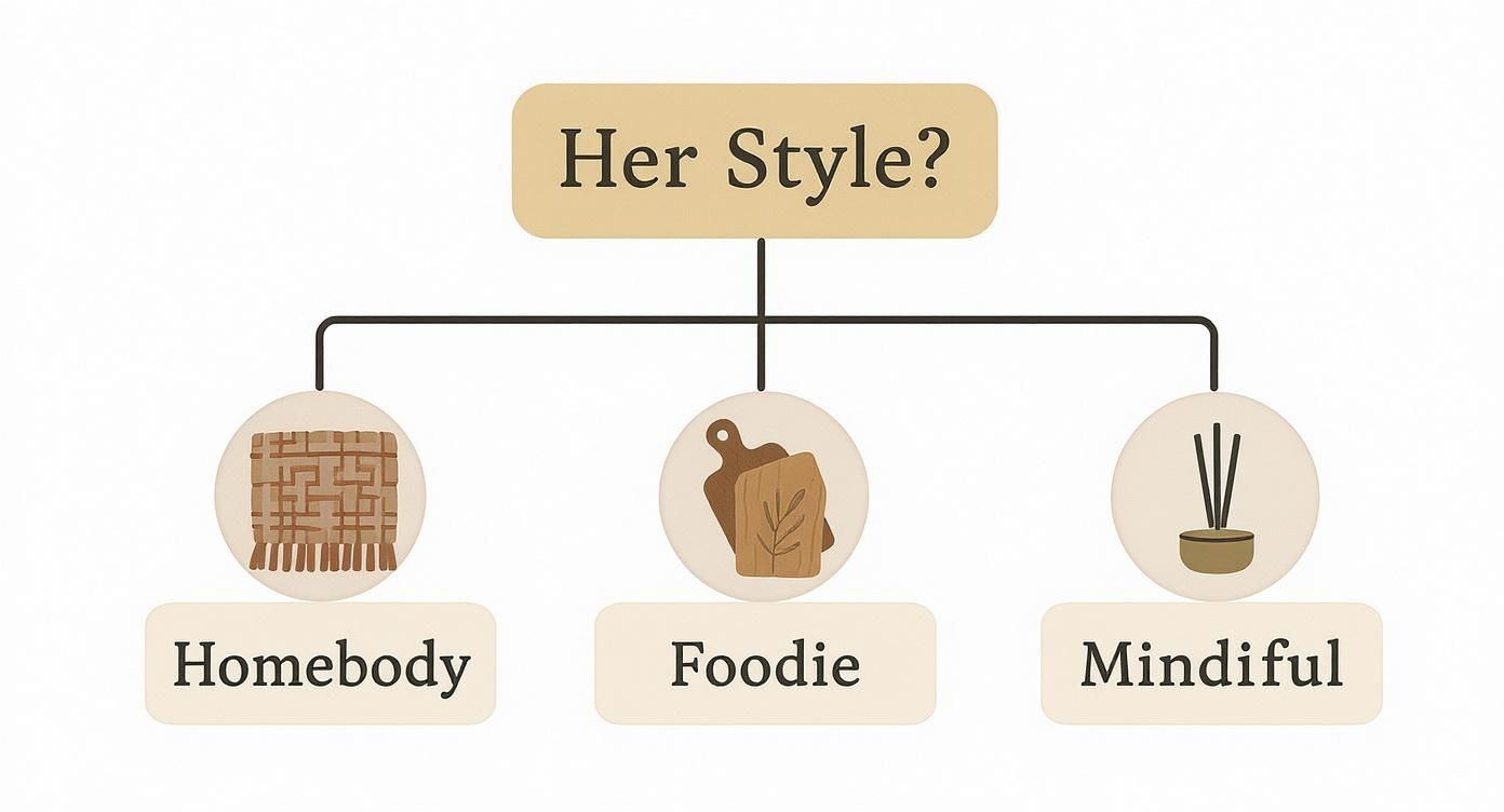 Flowchart suggesting 'Her Style?' as Homebody, Foodie, or Mindful, with illustrative icons.