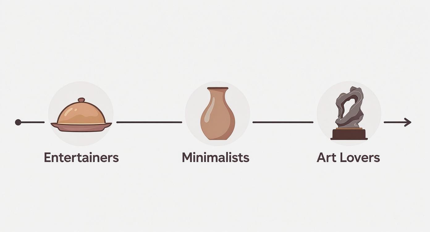 A diagram illustrating a progression from Entertainers (food cloche) to Minimalists (plain vase) to Art Lovers (abstract sculpture).