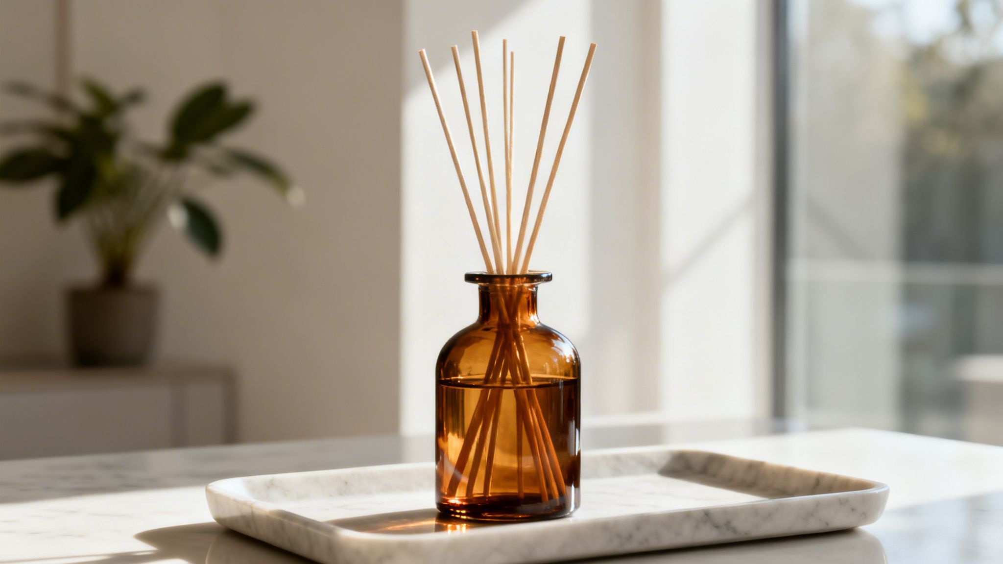 A stylish amber diffuser with wooden reeds rests on a marble tray, in a sunny room.
