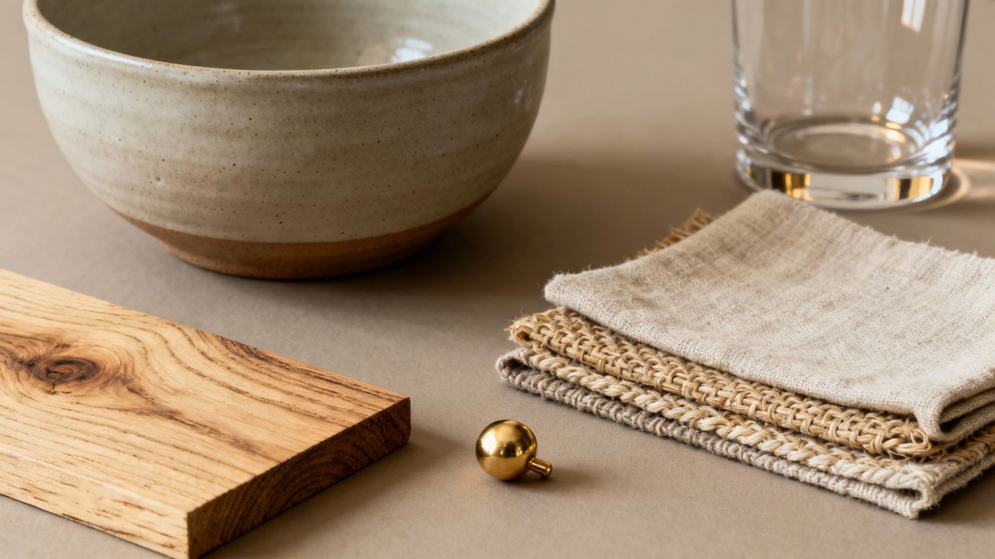 Rustic ceramic bowl, wooden board, natural fabric coasters, glass, and golden decor on a table.