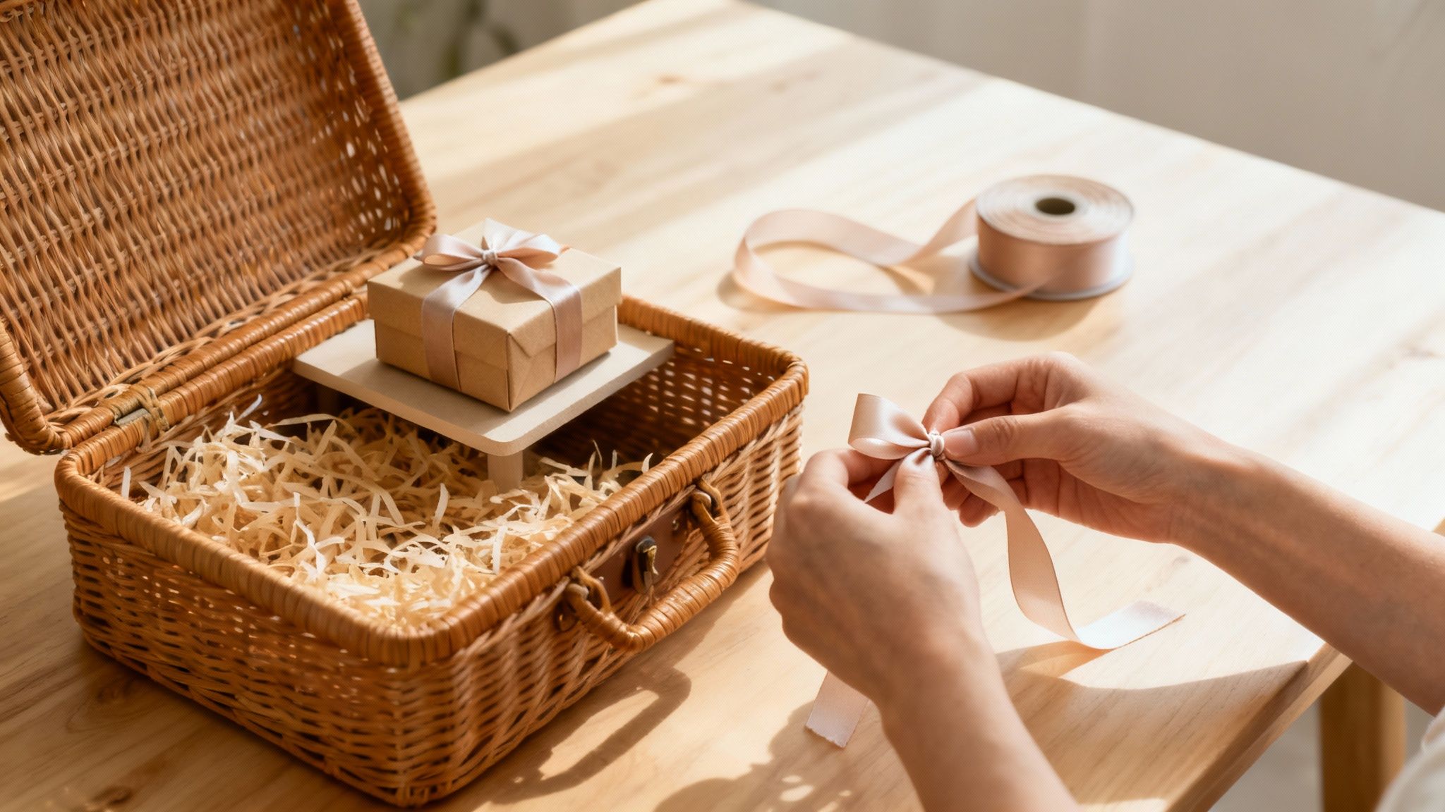 A beautifully arranged gift hamper with items layered for visual appeal, accented with a ribbon.