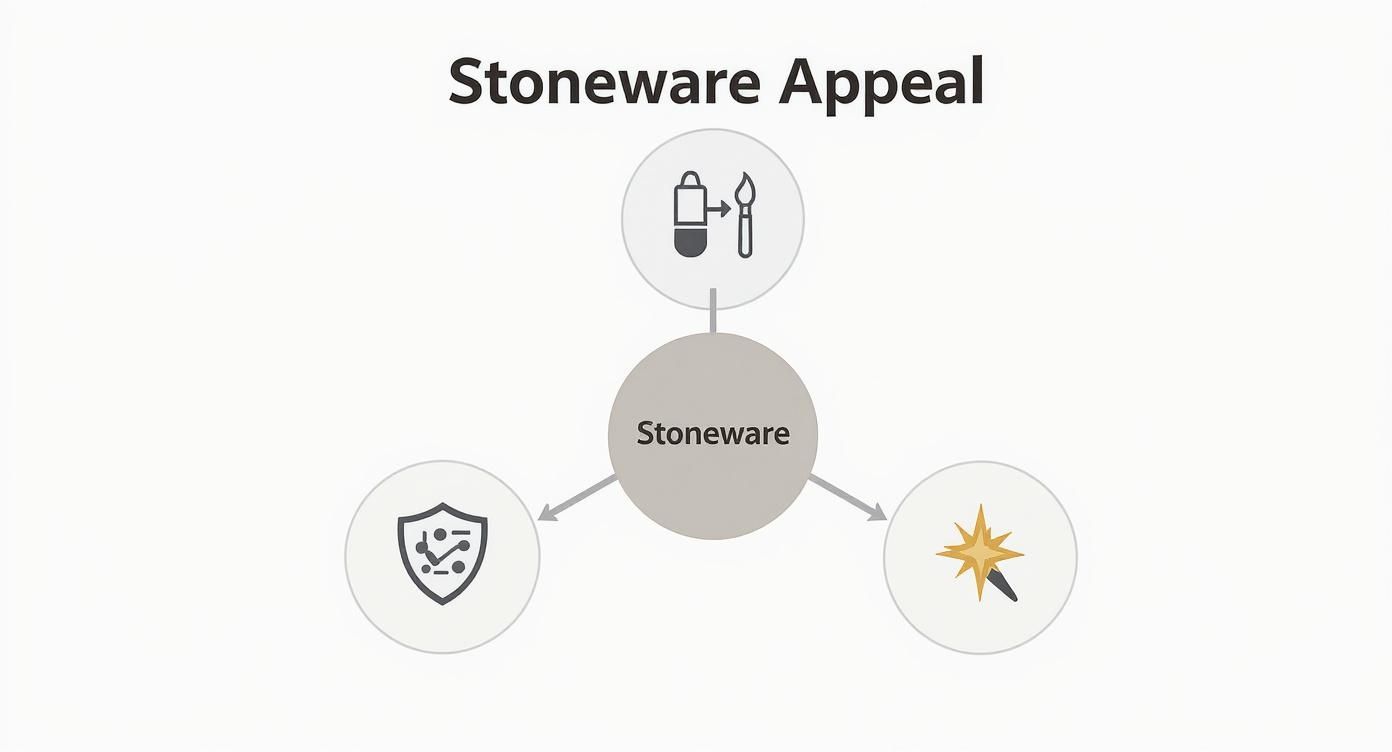 A diagram titled 'Stoneware Appeal' shows stoneware linked to craftsmanship, durability, and aesthetic appeal.