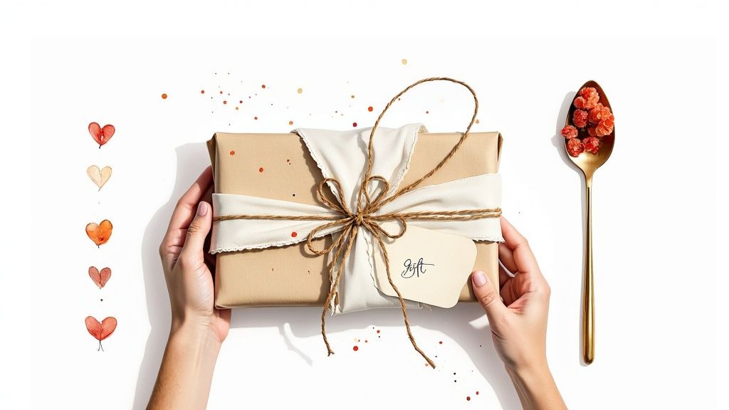 A person holding a small, elegantly wrapped gift box, suggesting a budget-friendly but thoughtful present.