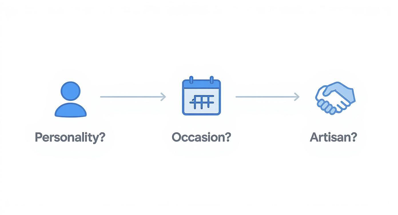 A visual process showing steps for gift selection: personality, occasion, and artisan matching.