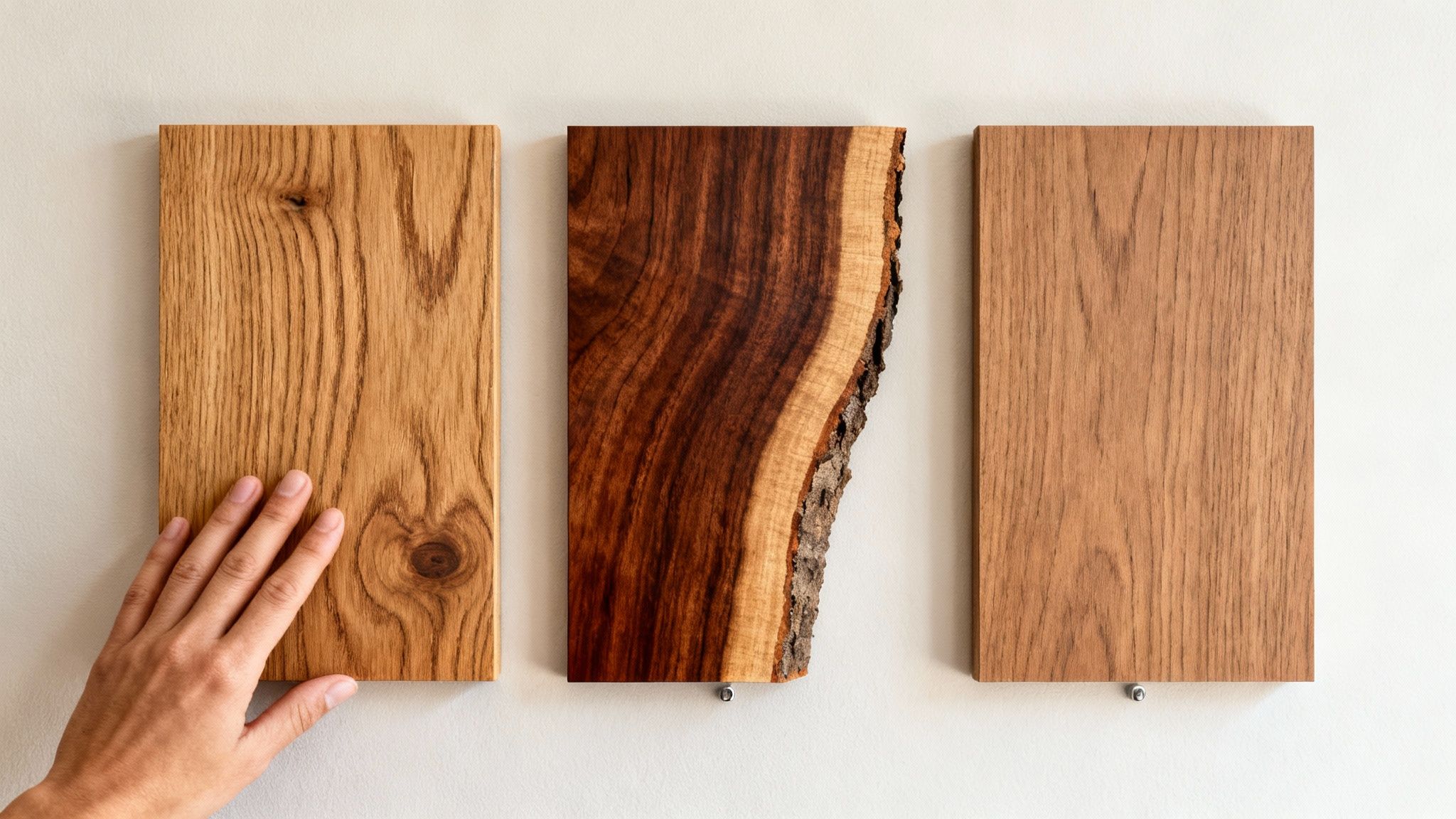 A hand touches one of three different wooden panels on a white wall, showcasing various wood types.