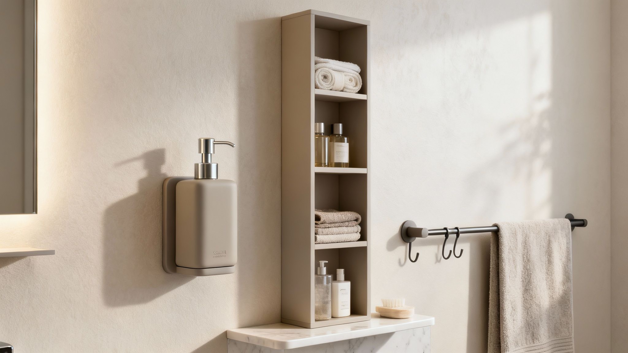A stylish, organized bathroom features a wall-mounted soap dispenser, shelving unit with towels and bottles, and a towel bar.
