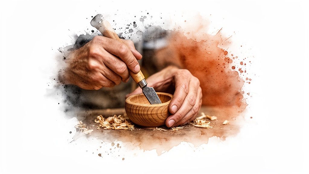 Skilled hands meticulously carving a small wooden bowl with a chisel amidst wood shavings.