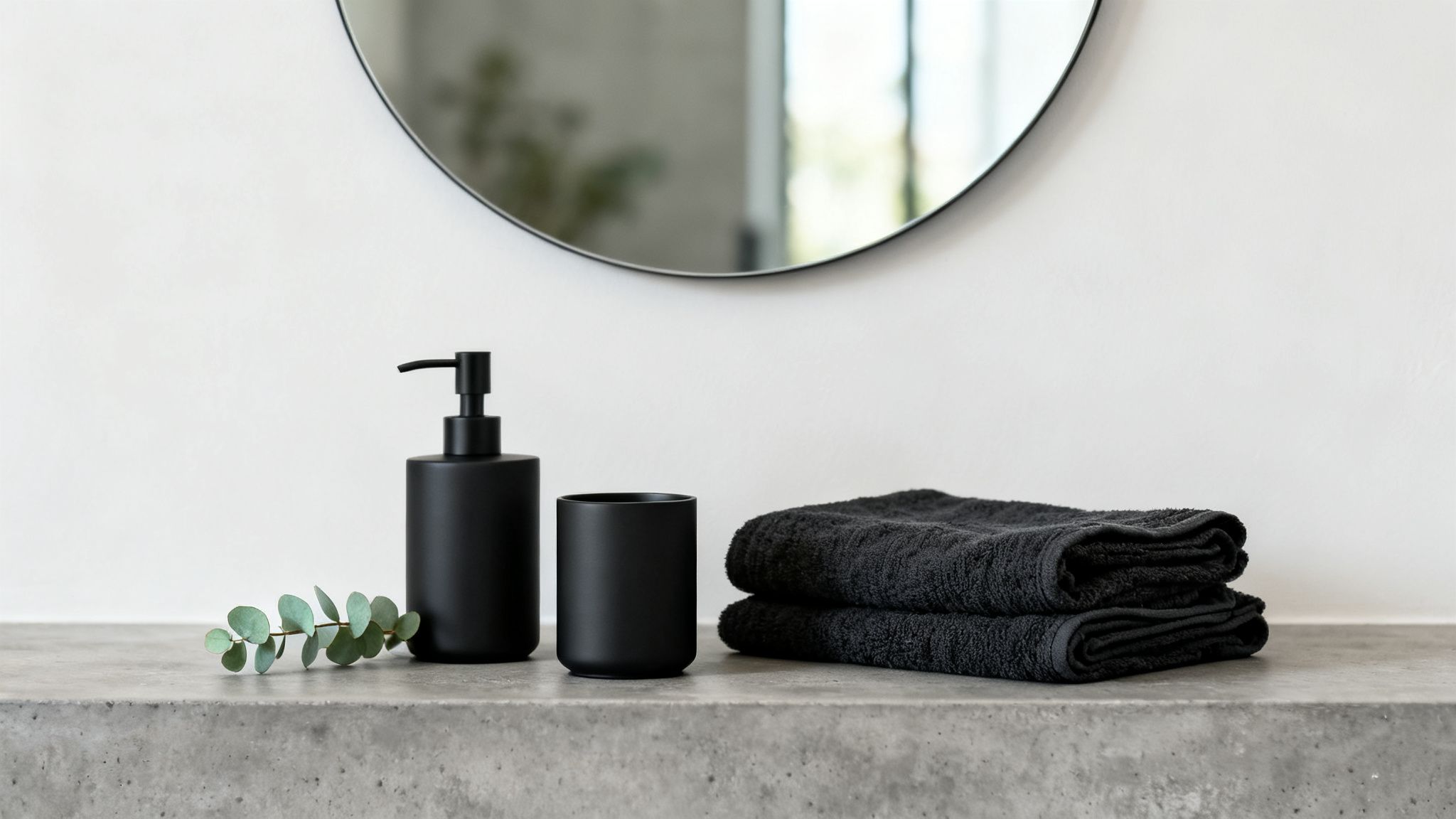 Minimalist bathroom setup with black soap dispenser, tumbler, folded towels, and eucalyptus on a concrete counter.