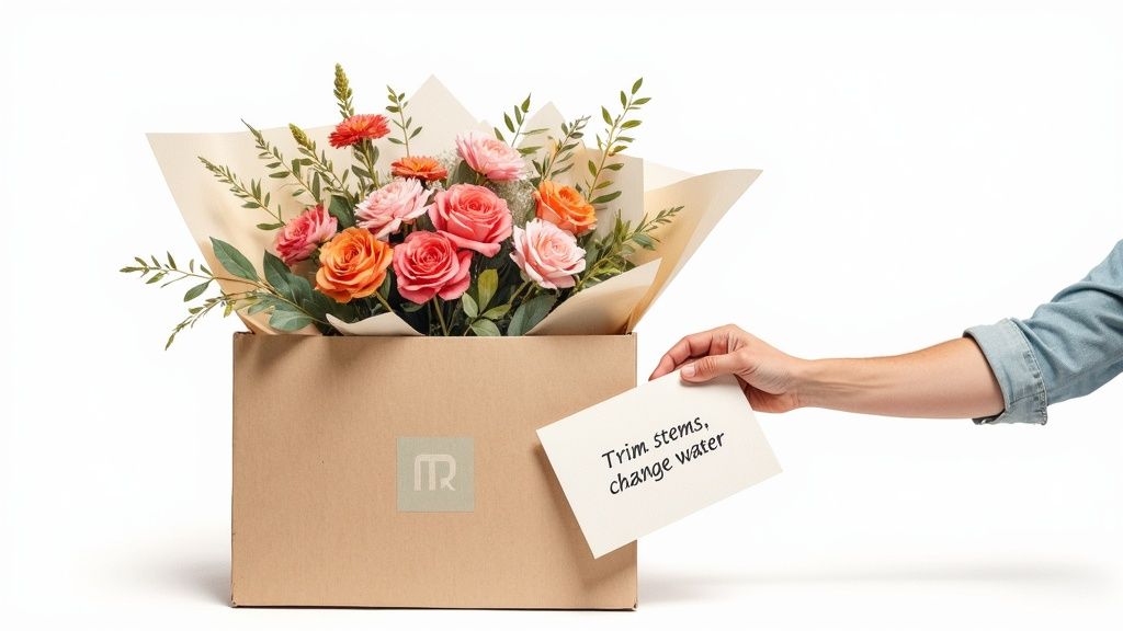 Hand holding care instructions card next to flower delivery box with fresh roses and greenery