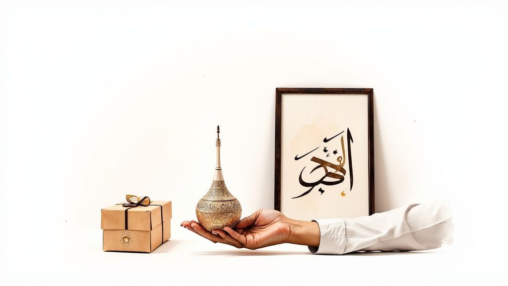 Hand holding an ornate traditional Arabic perfume bottle, with a gift box and calligraphy art.