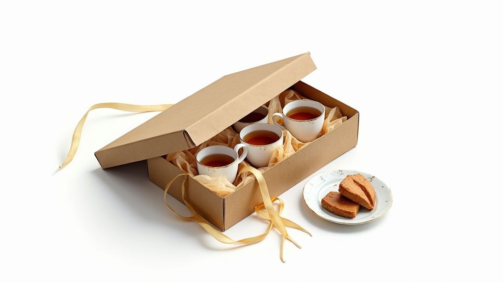 Four white tea cups filled with tea in a brown gift box with a golden ribbon, next to two cookies on a decorative plate.