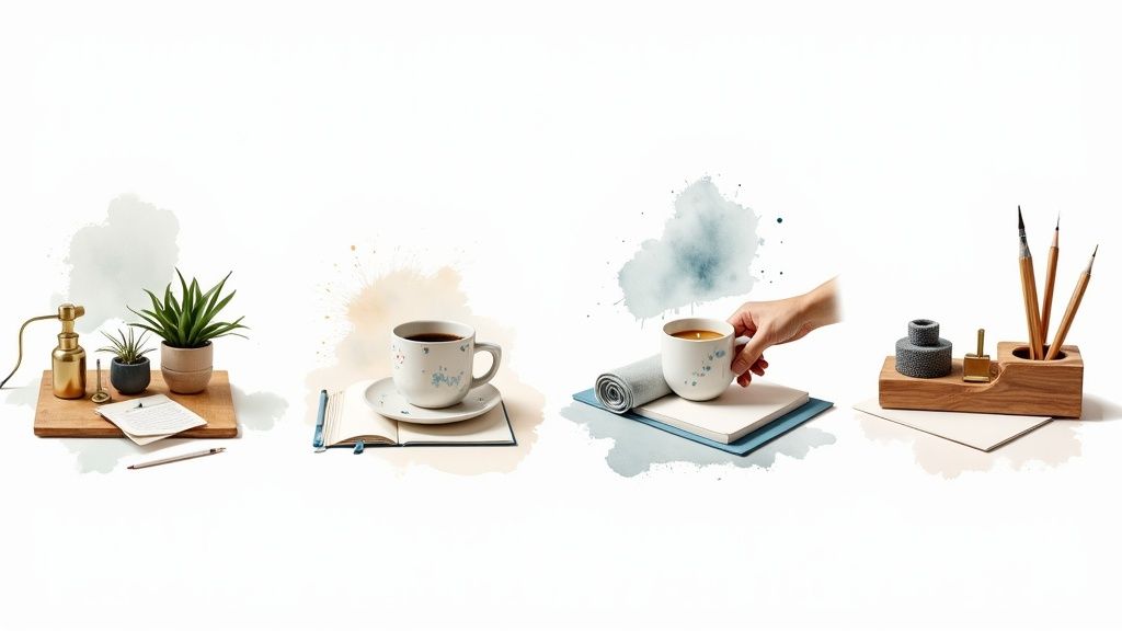 Four minimalist desk vignettes featuring coffee cups, plants, notebooks, and stationery on wooden trays