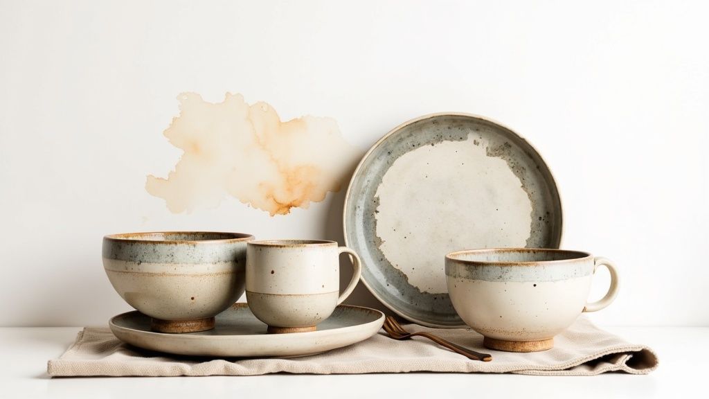 A collection of beautifully crafted artisan ceramic dinnerware sets arranged on a wooden table.