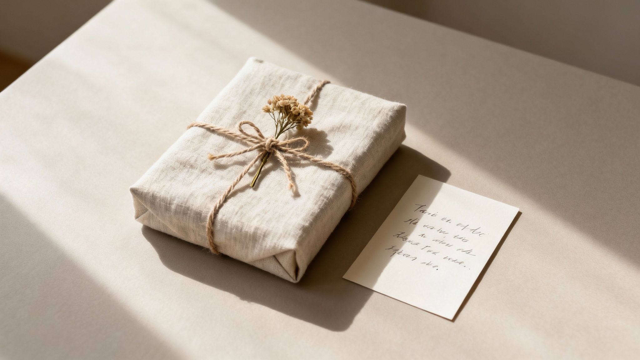 A beautifully wrapped gift with a pink ribbon and a sprig of dried flowers on a neutral background.