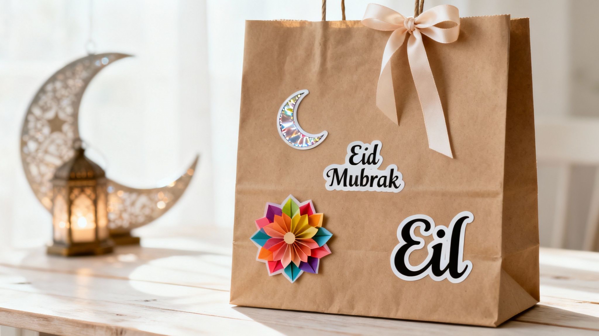 An elegant gift box decorated with a golden Eid Mubarak sticker and a ribbon.