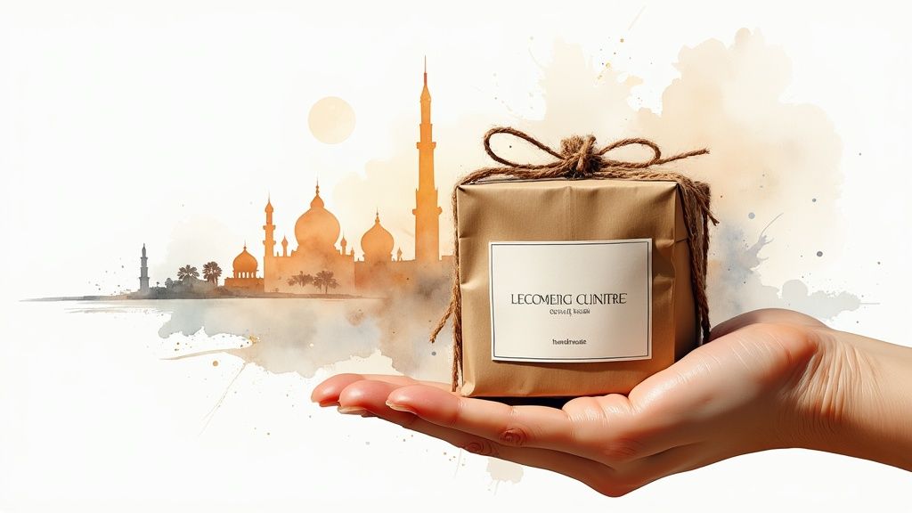 An elegant artisan candle gift set with two candles and a diffuser arranged on a decorative tray.