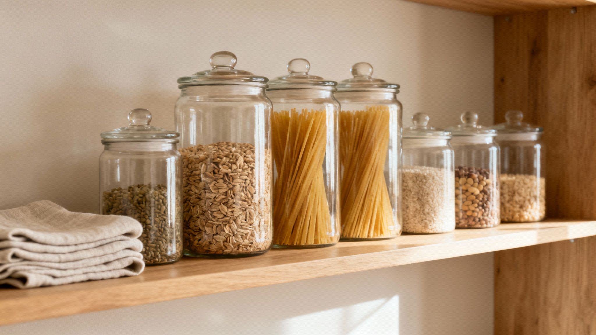 Clear glass jars with lids filled with pasta, oats, and legumes on a wooden shelf.