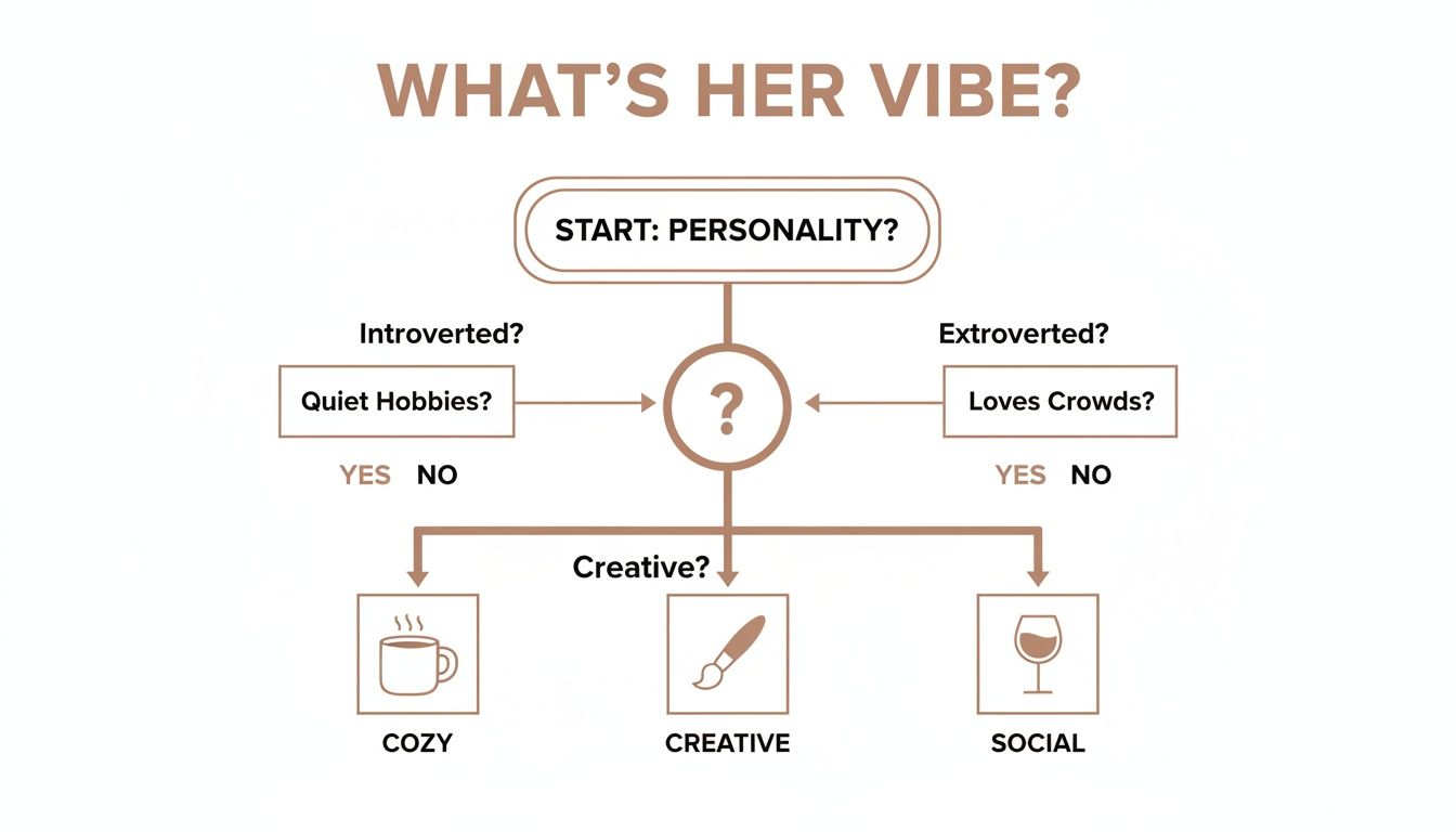 A flowchart titled "WHAT'S HER VIBE?" for defining personality traits leading to Cozy, Creative, or Social types.