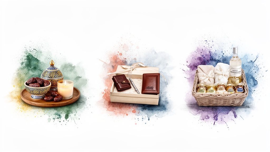Three diverse gift arrangements featuring dates, decorative items, a leather set, and a wellness basket.