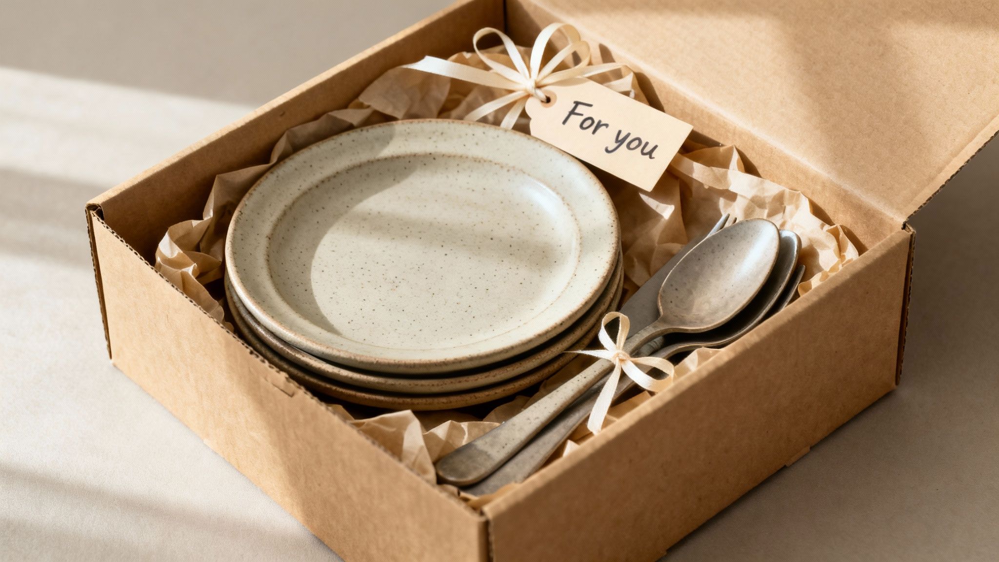 A gift box containing a stack of speckled stoneware plates and a set of cutlery, tied with ribbons and a 'For you' tag.
