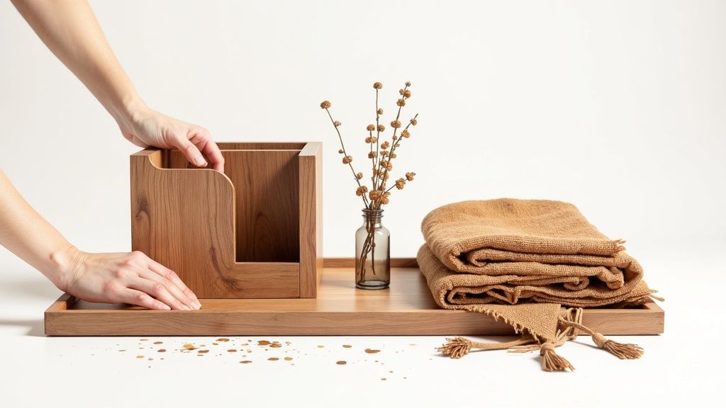 A person's hands placing a wooden organizer onto a wooden tray with dried branches and folded beige textiles.