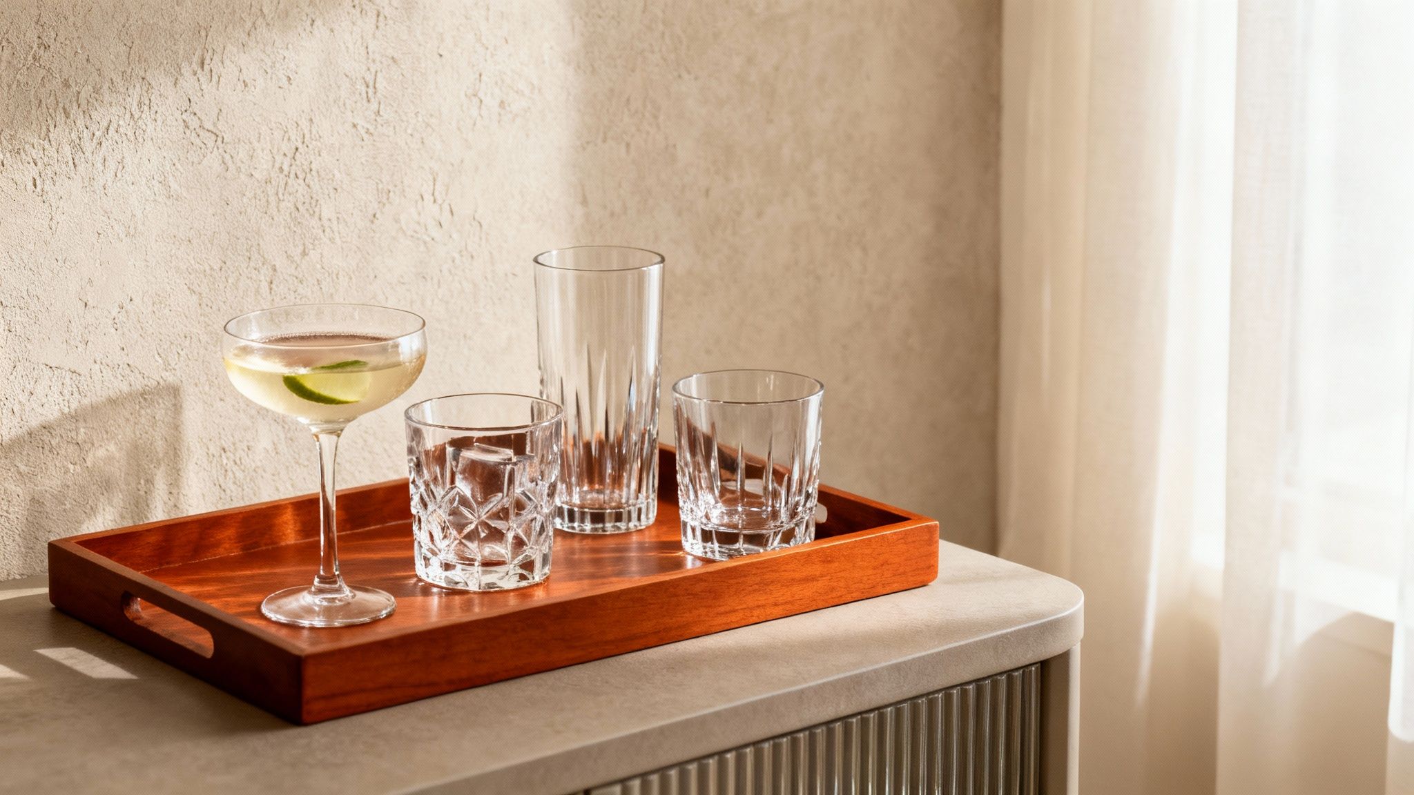 A wooden tray holds four clear drinking glasses, including a cocktail with lime and ice, on a textured surface.