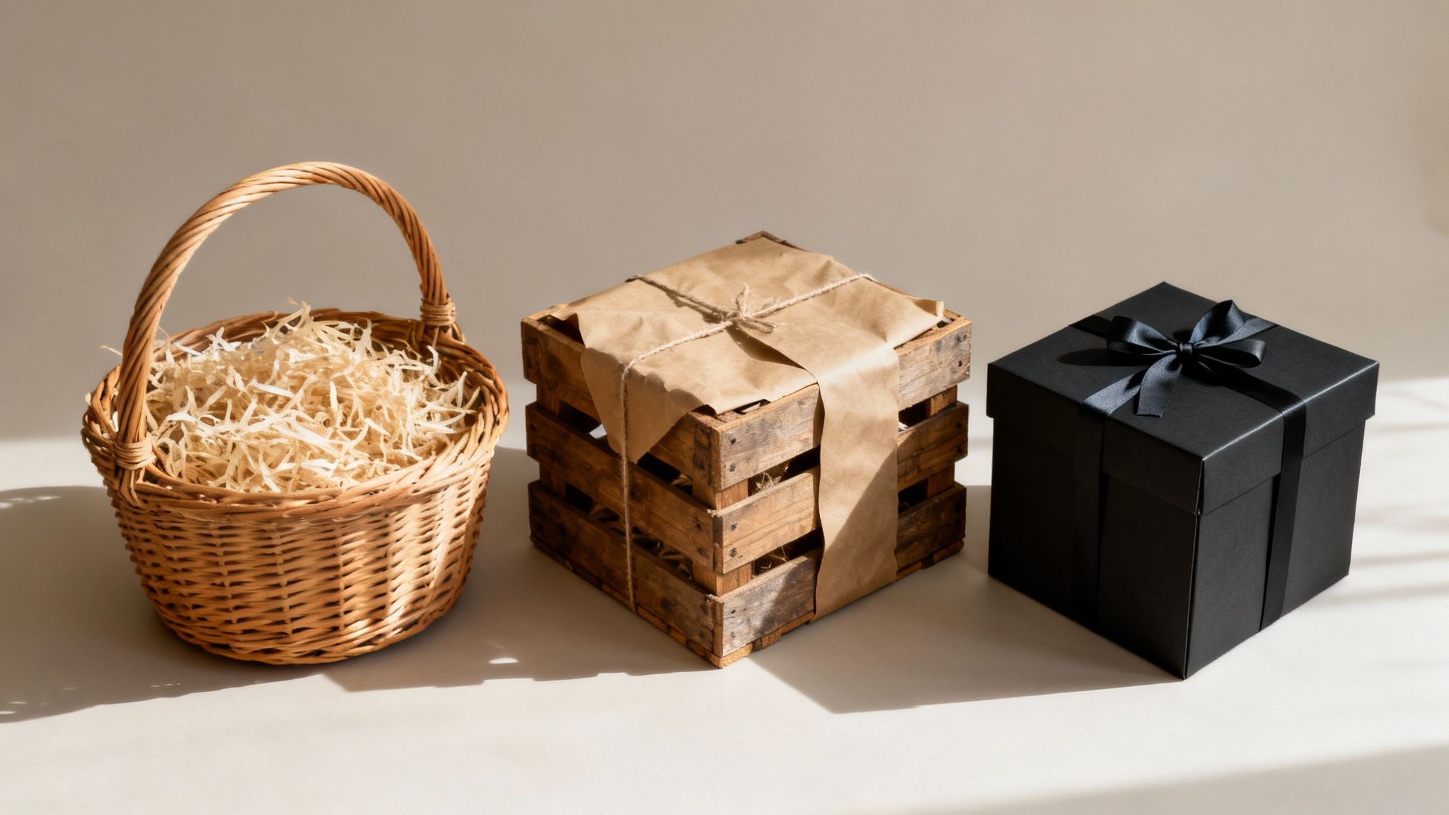 A person carefully arranging items in a Christmas hamper, with ribbons and decorative elements nearby.