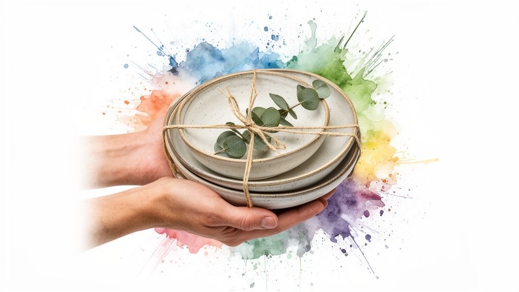 A person's hands gently present a rustic stoneware dinnerware set with eucalyptus on a colorful watercolor background.