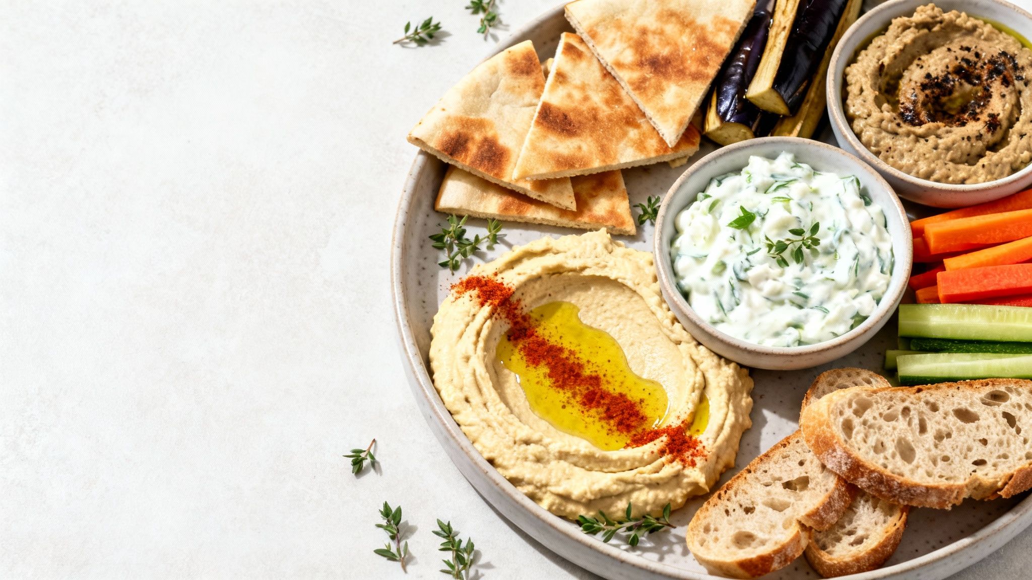 An artfully arranged dip serving tray with various dips like hummus and baba ghanoush, surrounded by colourful crudités, toasted pita, and fresh herbs.
