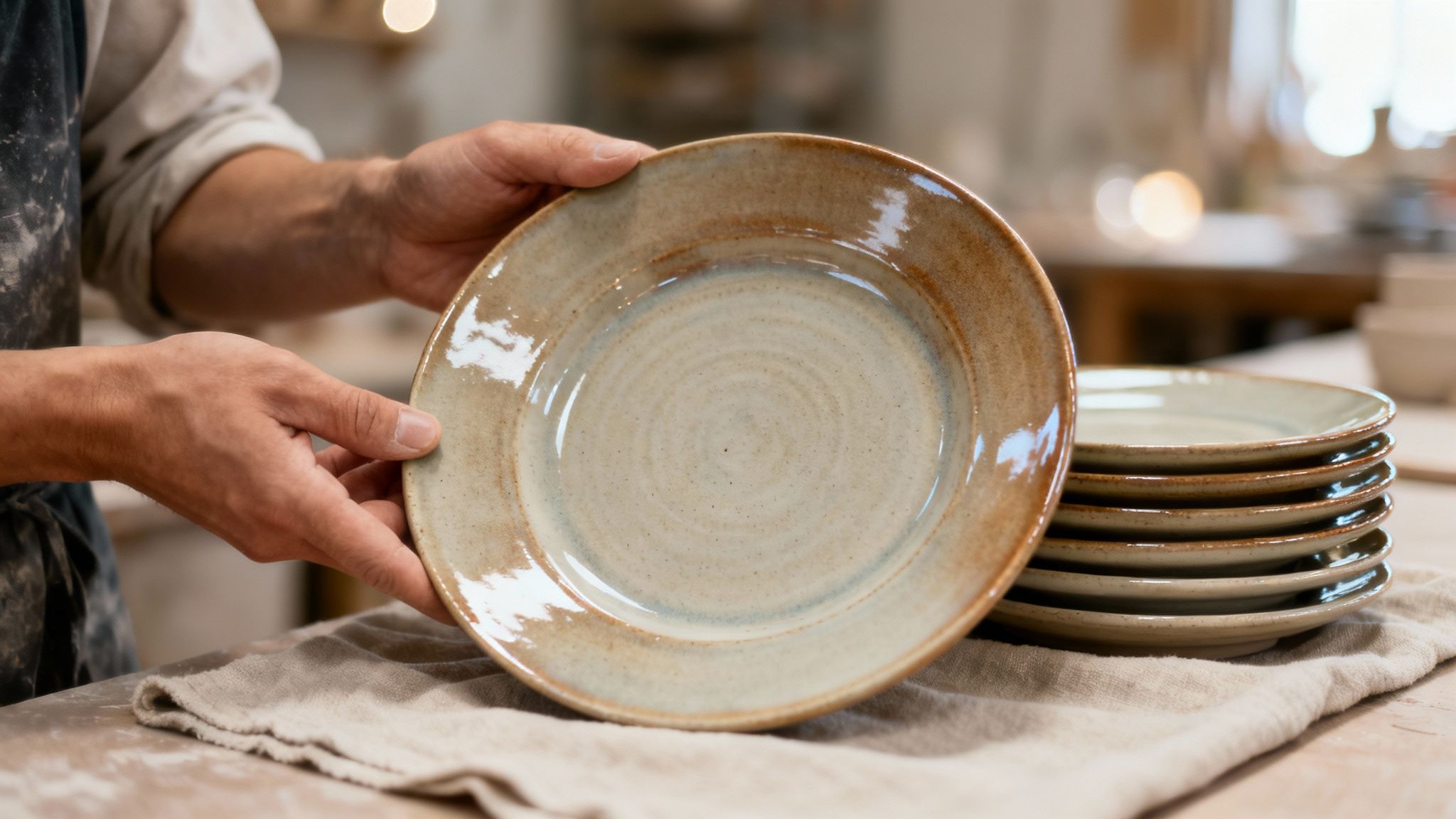 Close-up of a potter holding a glazed handmade ceramic plate, with a stack of plates nearby.