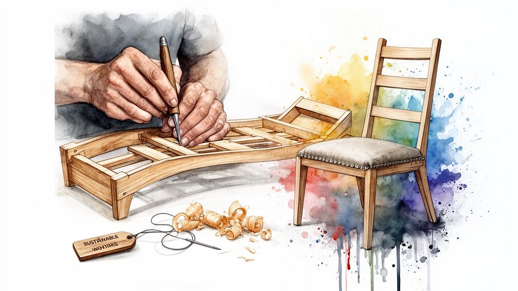 Hands carving a wooden furniture frame next to a finished chair, with wood shavings and a 'Sustainable Wood' tag.