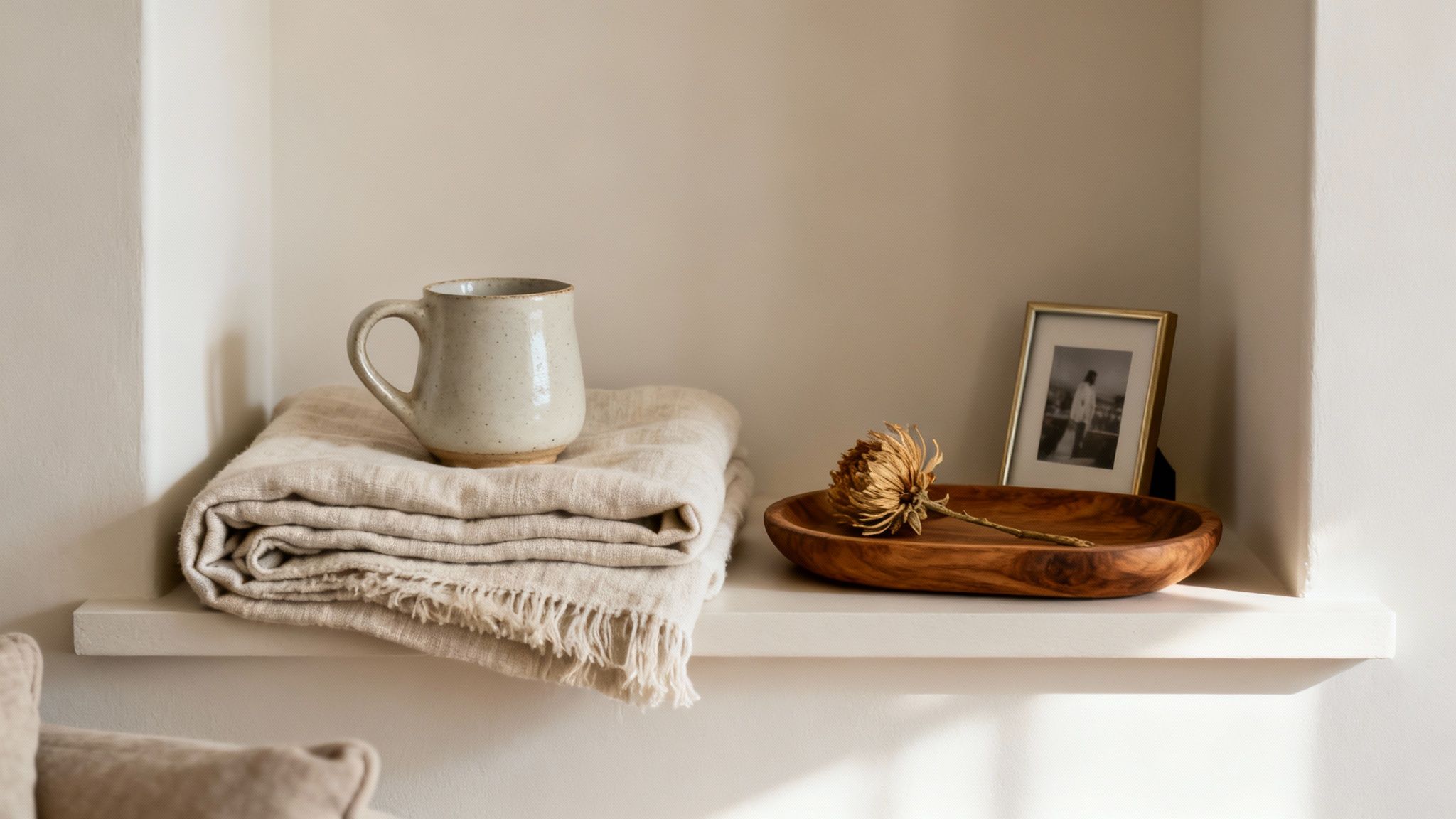 A cozy built-in shelf featuring neutral blankets, a ceramic mug, a dried flower in a wooden bowl, and a framed photo.