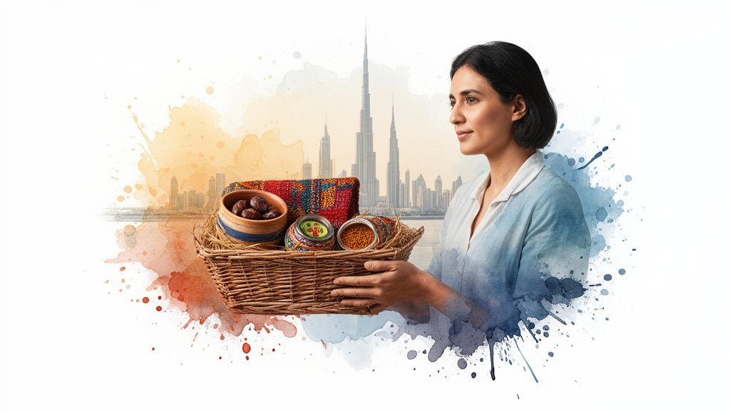 A woman holds a gift basket with dates and spices, set against a watercolor Dubai skyline.