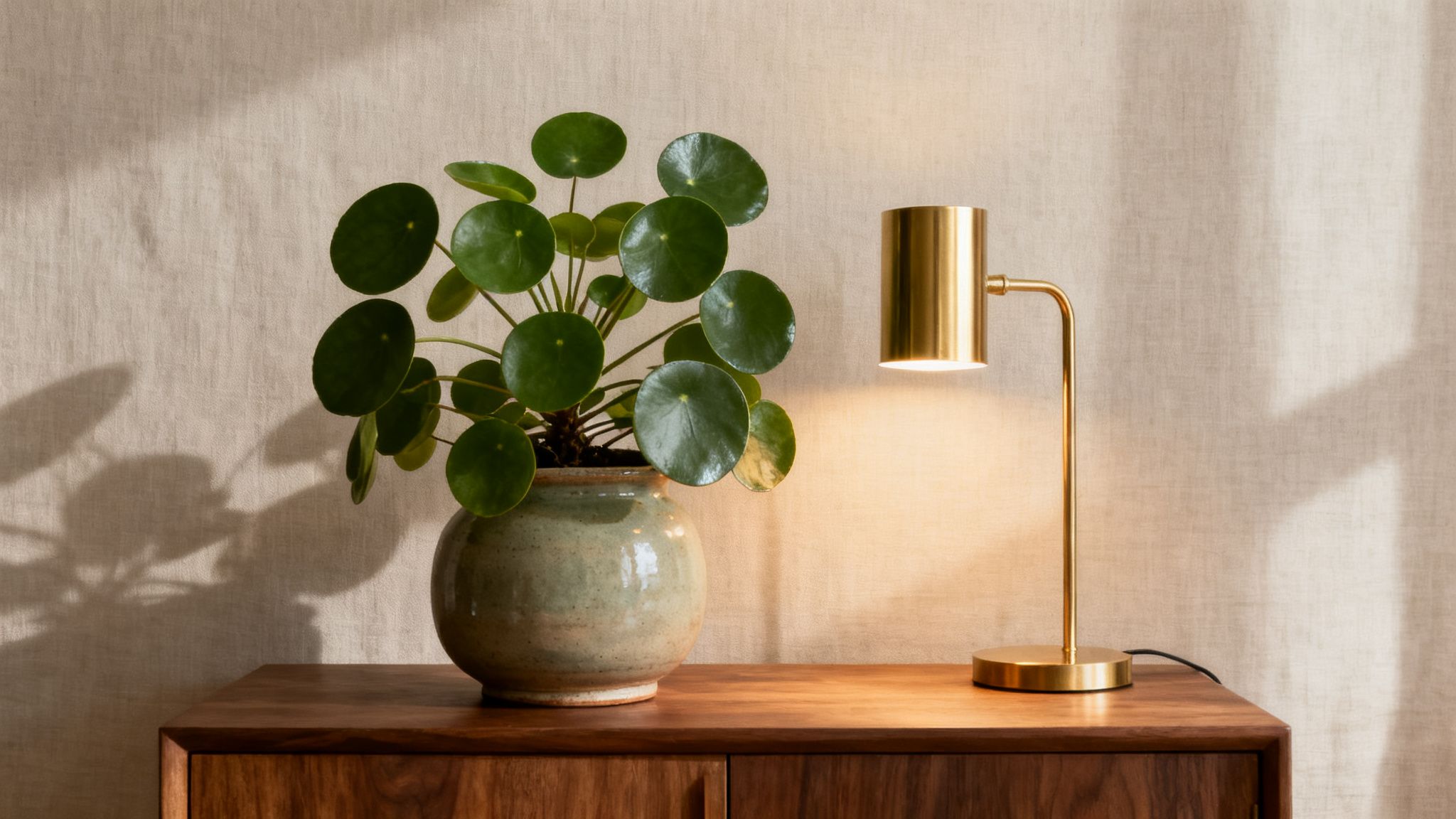 A Pilea plant in a green pot next to a glowing golden lamp on a wooden cabinet, with sunlight shadows.