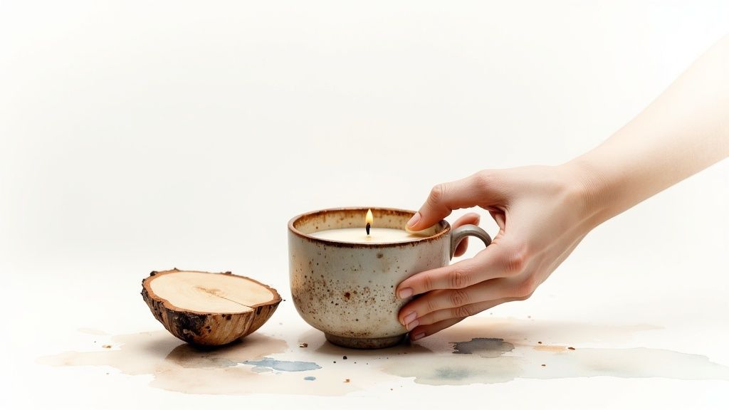 A hand gently holds a lit candle in a rustic ceramic mug next to a piece of wood.