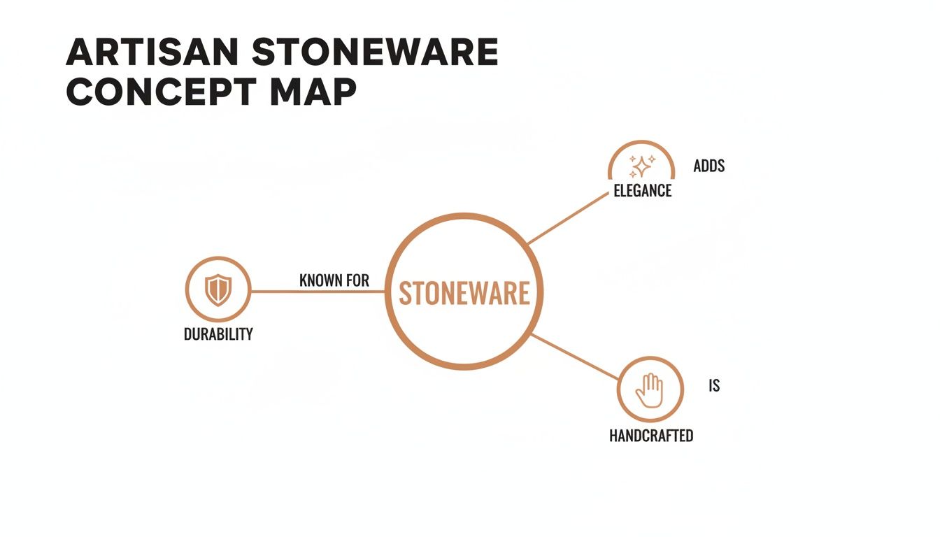 A concept map showing stoneware is known for durability, adds elegance, and is handcrafted.