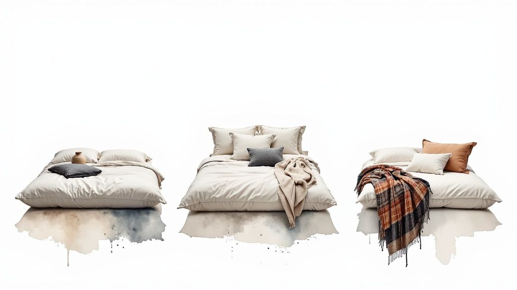 Three minimalist beds with varying throws and pillows, one with a plaid throw, on a white background.