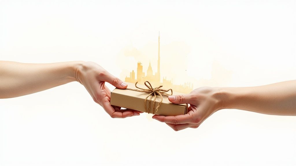 Two hands exchanging a brown gift box tied with twine, against a faint golden cityscape backdrop.