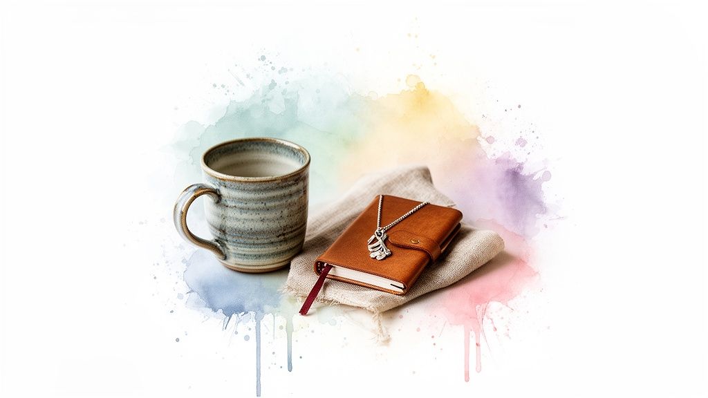 A ceramic mug, a brown leather journal with a silver necklace, and a linen cloth.