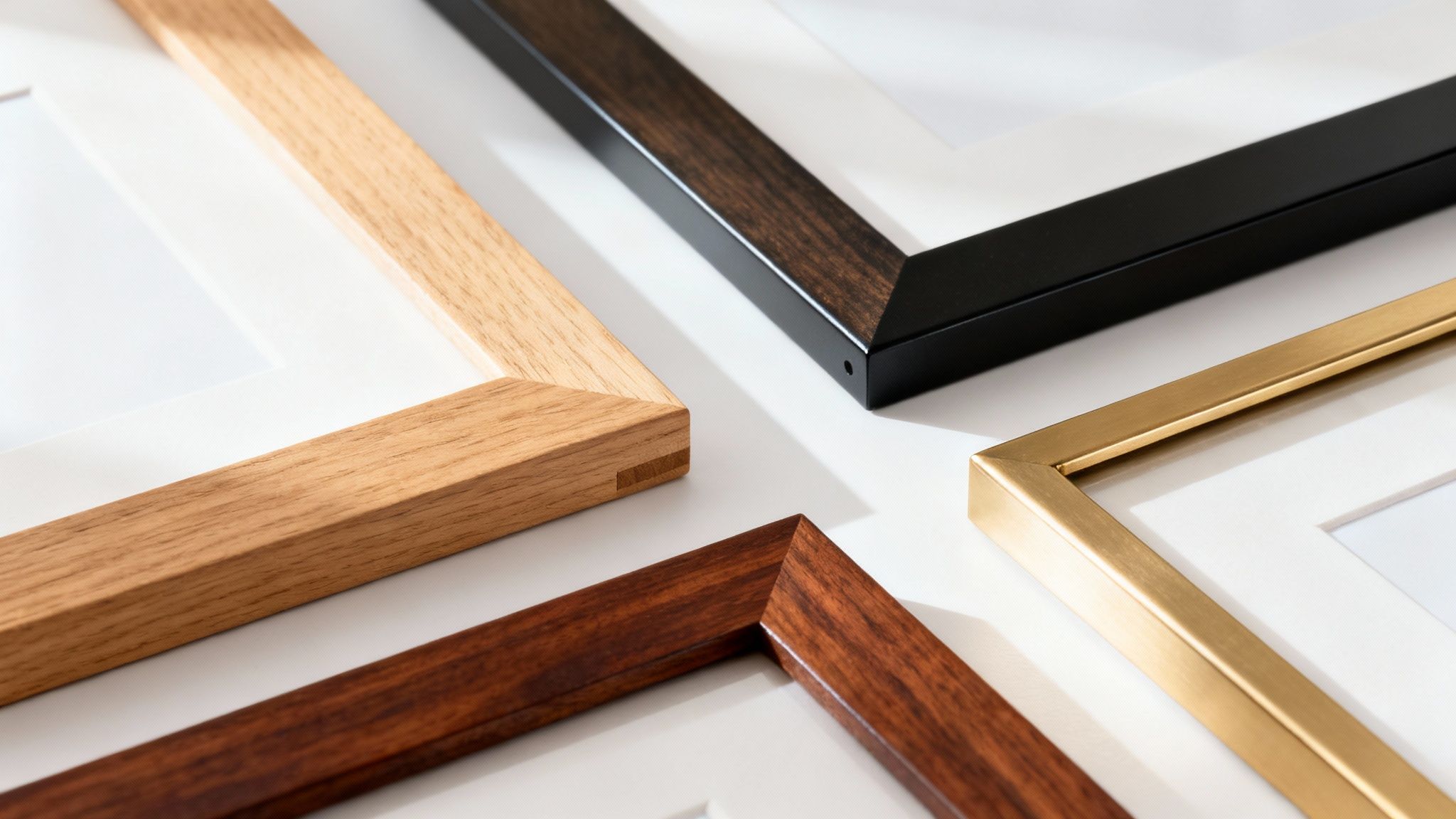 A close-up of four picture frame corners in wood, dark wood, black, and gold finishes with white mats.