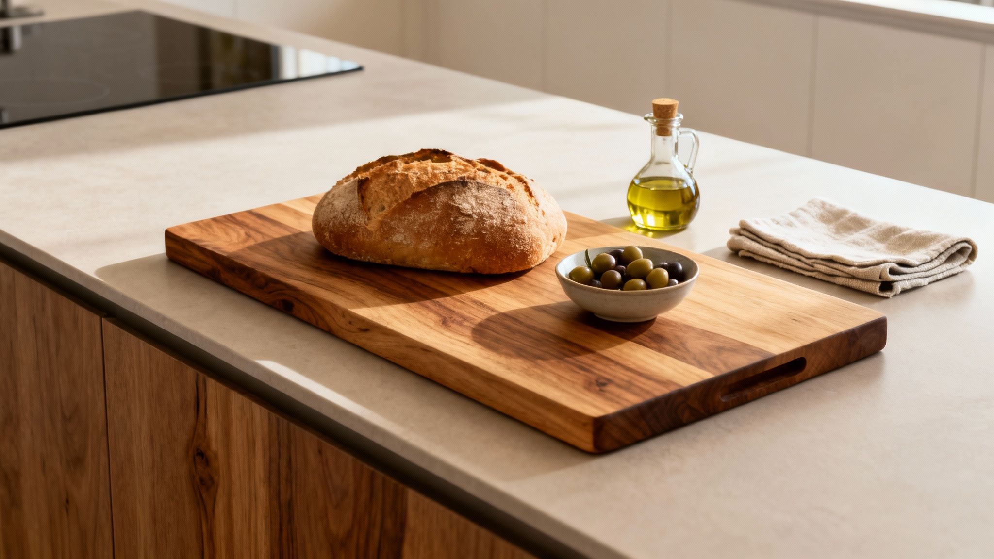 Freshly baked bread, a bowl of olives, and olive oil on a wooden board in a modern kitchen.