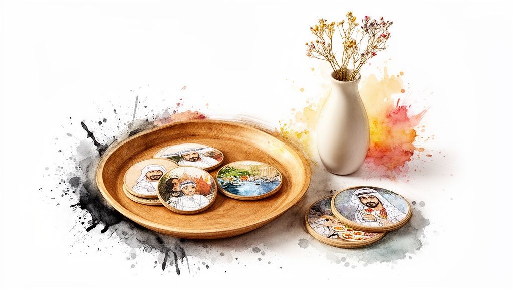 Artistic image of diverse cultural coasters with portraits and scenes, arranged in a wooden bowl.