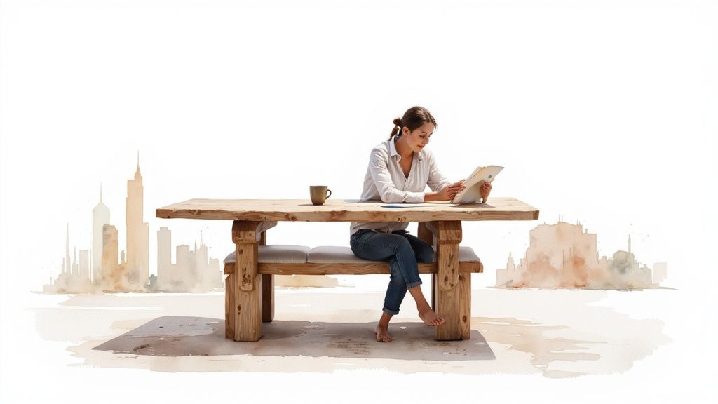 A woman on a wooden bench at a table looks at a tablet with city silhouettes in the background.