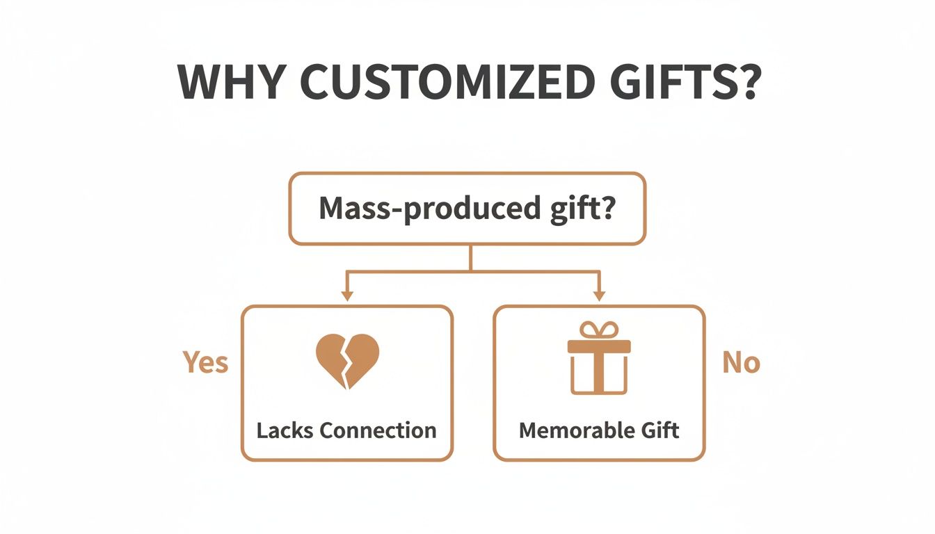 Flowchart explaining why customized gifts are beneficial, contrasting mass-produced gifts that lack connection with memorable gifts.