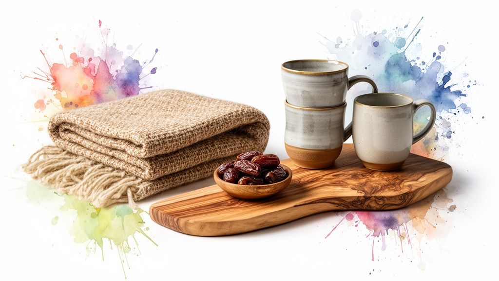 Cozy beige blanket, dates in a wooden bowl, and ceramic mugs on a wooden board.