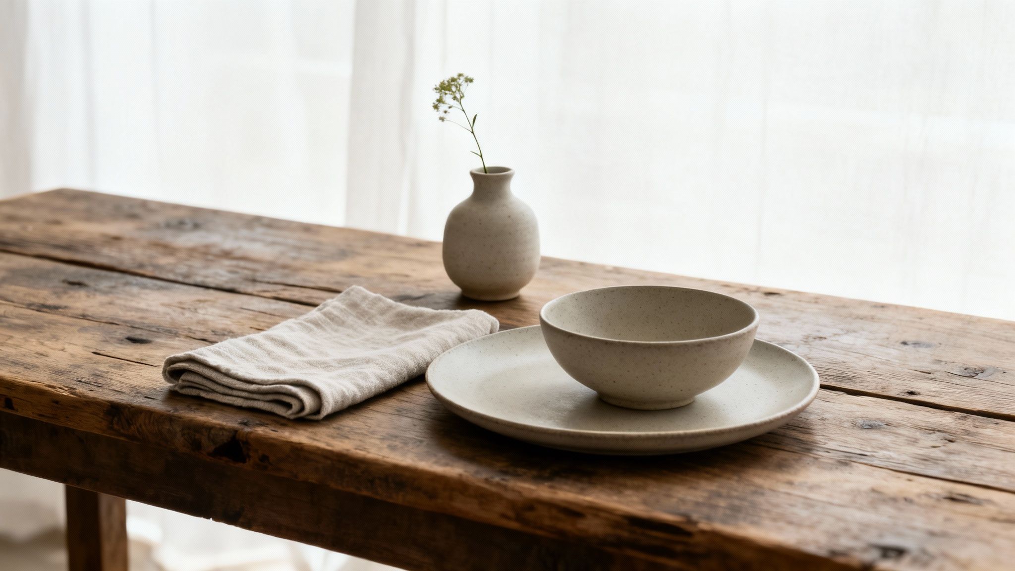 Minimalist stoneware dinnerware set with a linen napkin and small vase on a rustic wooden table.