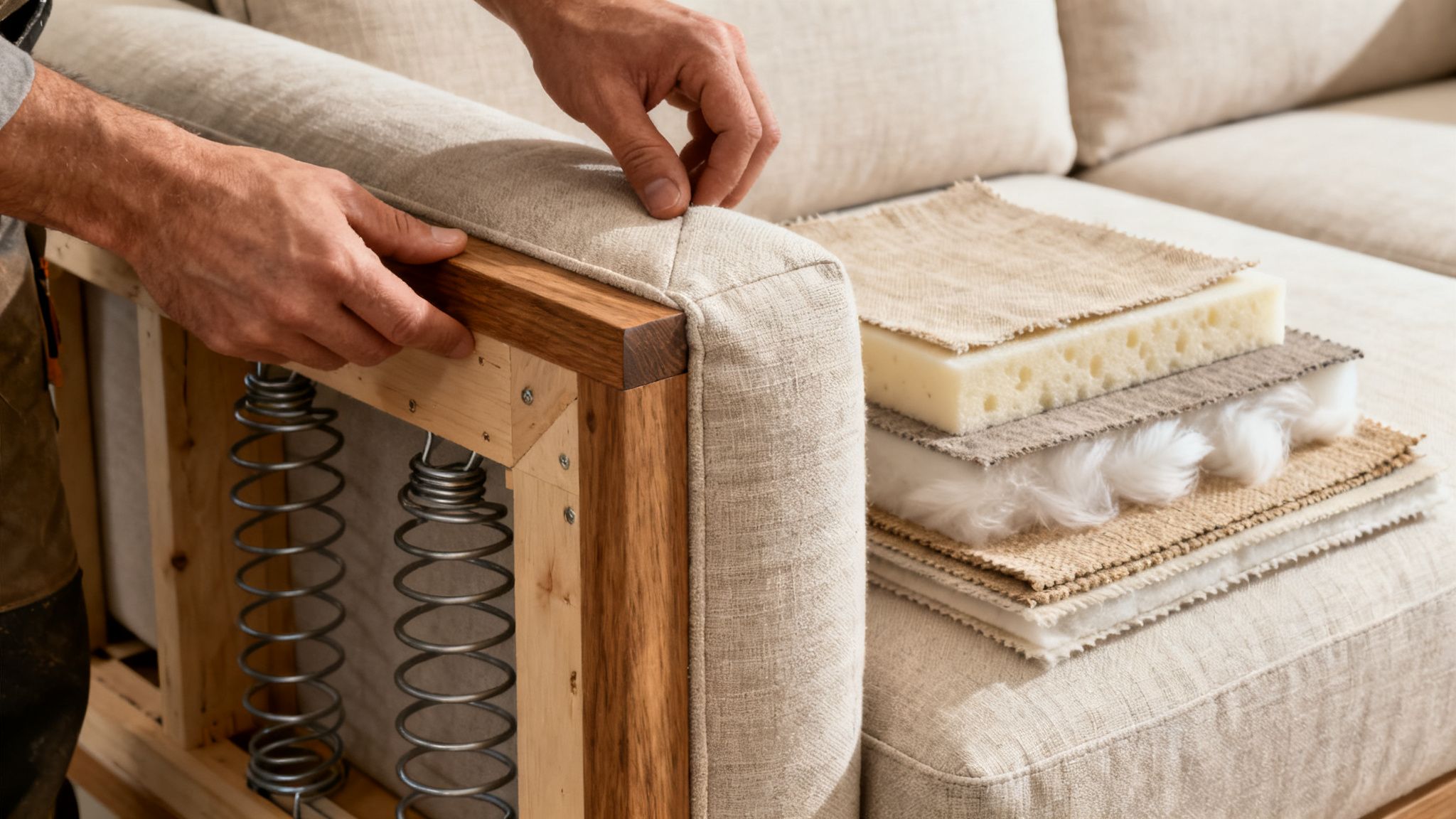 Craftsman re-upholstering a sofa, revealing wooden frame, springs, and various fabric and foam layers.