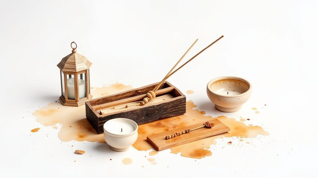 A serene arrangement featuring a wooden lantern, incense sticks, candles, and rustic bowls on a white surface with brown splatters.