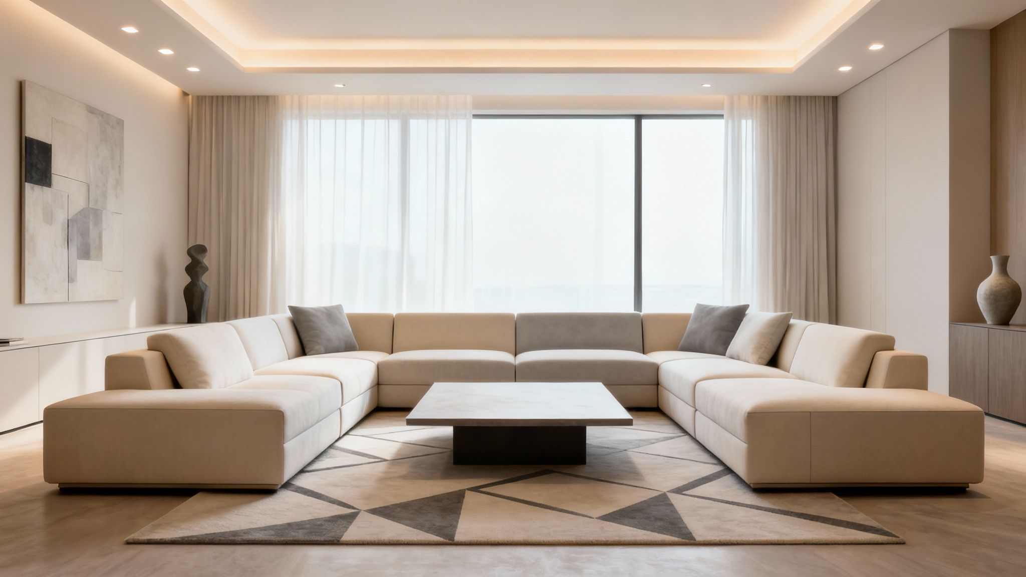 Modern living room with a U-shaped sectional sofa, square coffee table, geometric rug, and large windows.